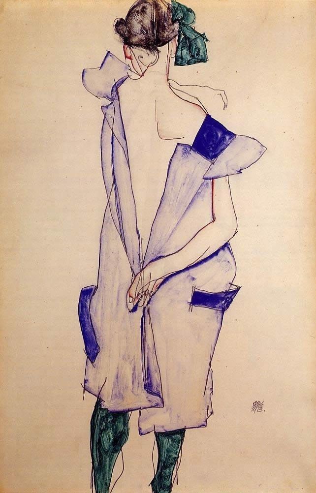 Egon Schiele Standing Girl in a Blue Dress and Green Stockings Back View